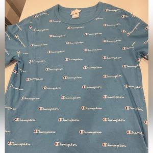 Champion Men's Size XL Heritage Tee Multi Scale Script Running Waves Light Blue